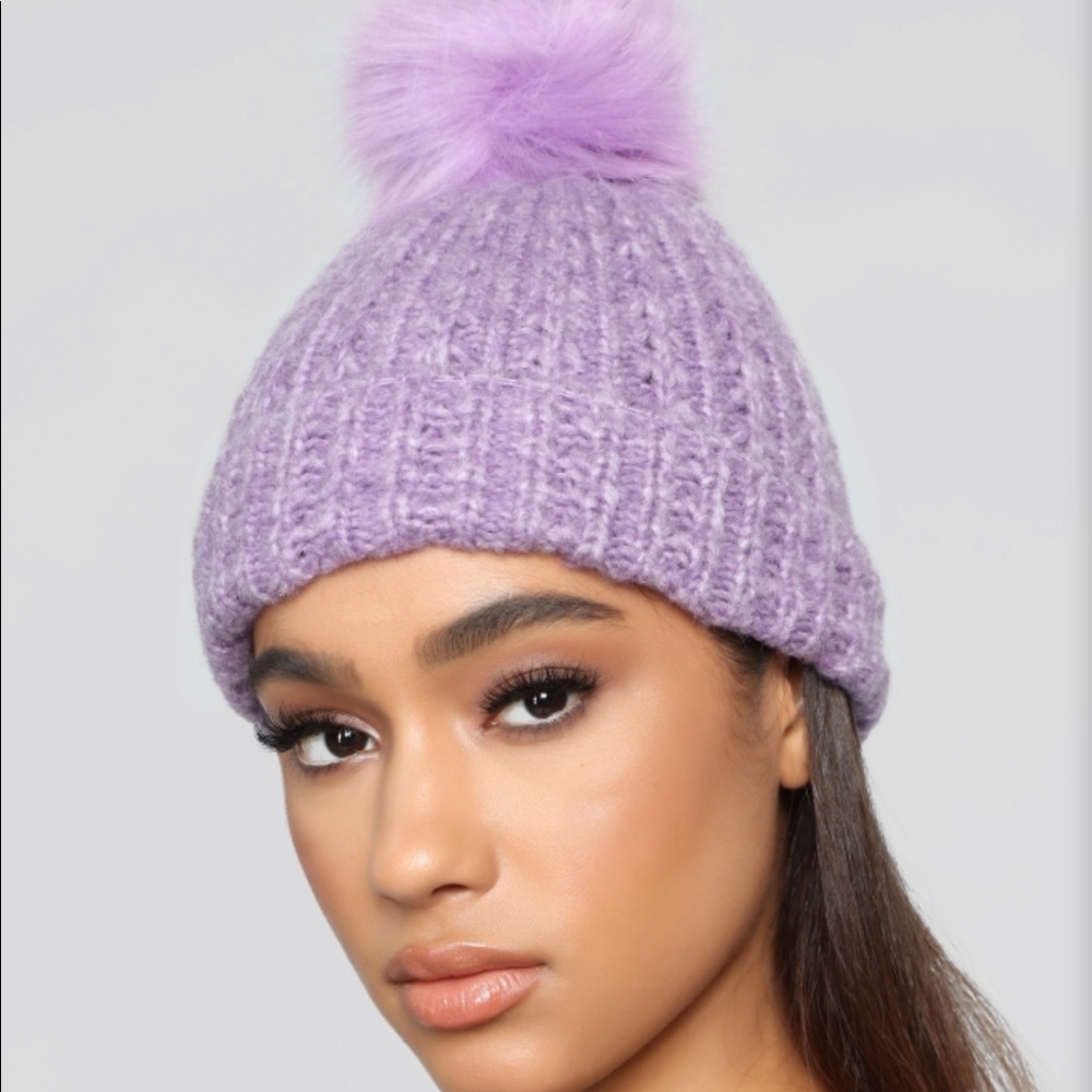Purple pompom beanie